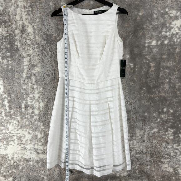 Ralph Lauren Size 6 Sheer Textured Striped Pleated Mini Dress White Sleeveless - Picture 2 of 11